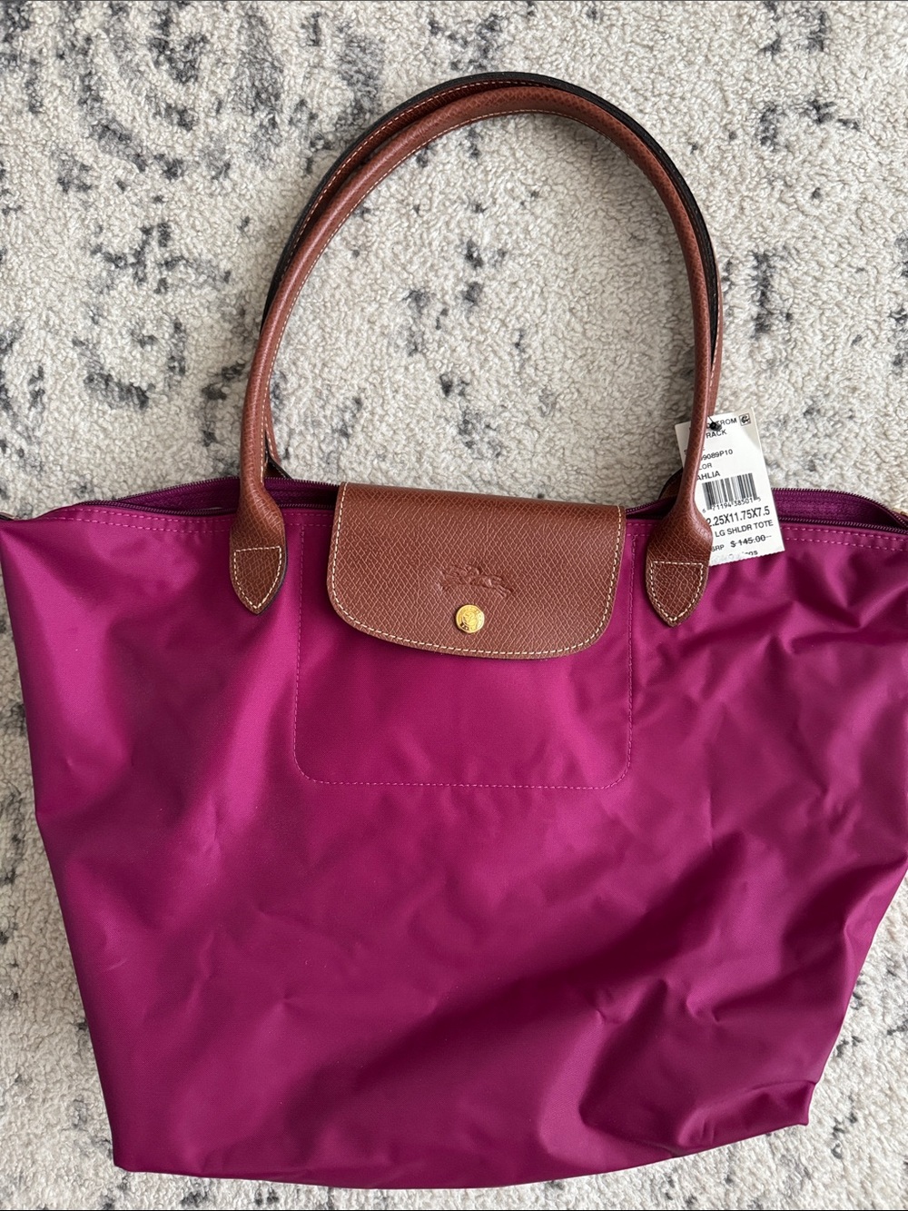 Longchamp Tote in Fuchsia with Brown Trim